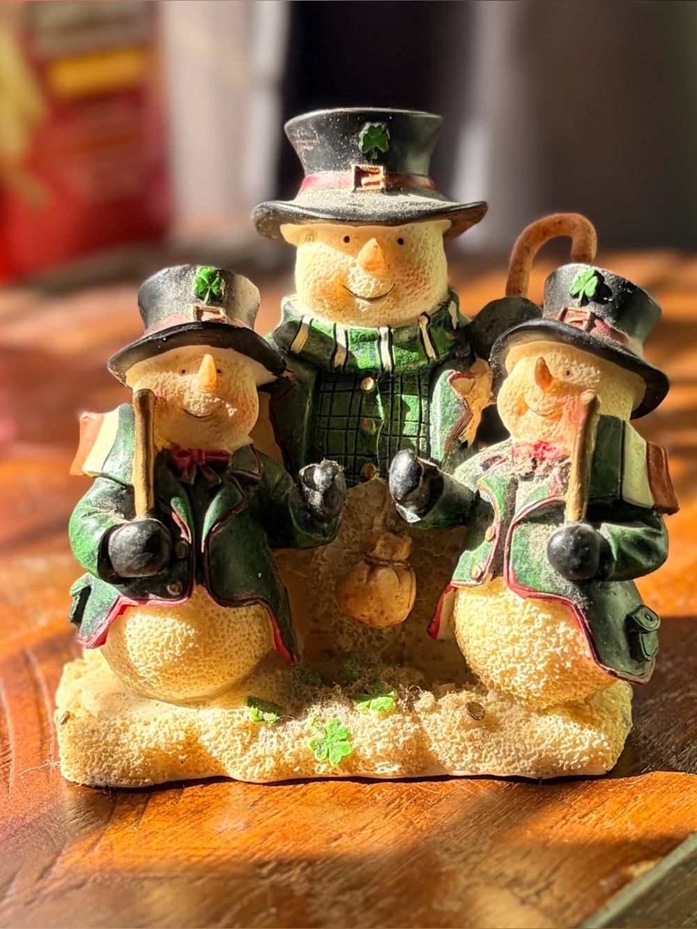 Irish Themed Festive Snowman Trio Figurine in Green Christmas Decor
